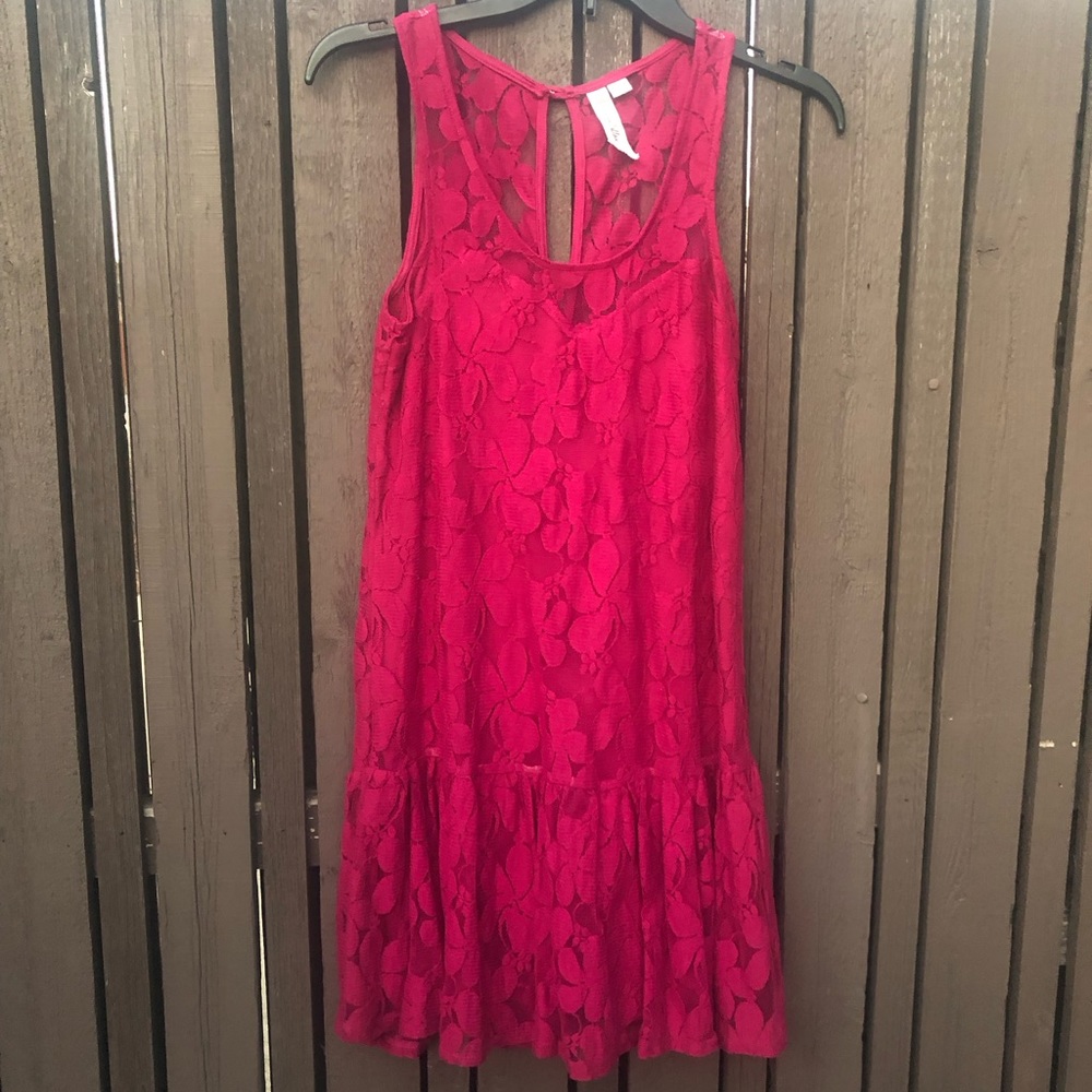 Hot pink lace mini dress ruffle Hem
